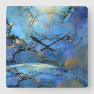 blue gold abstract scifi orb earth square wall clock