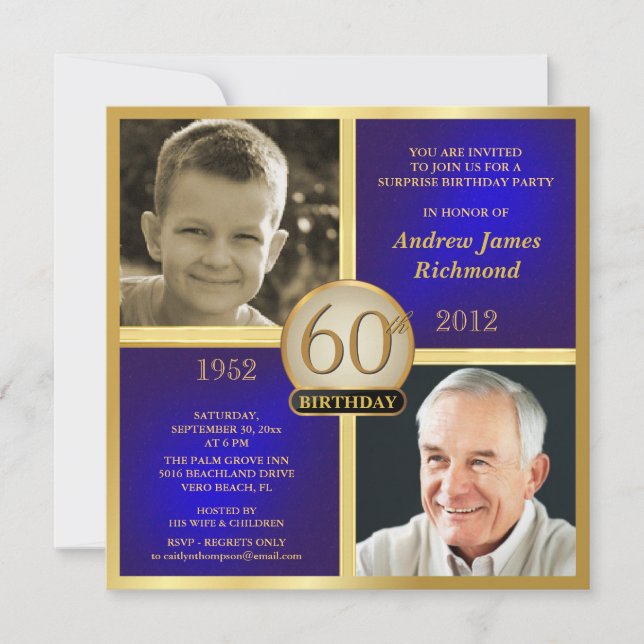 Blue Gold Adult Birthday Invite Then-Now 2-Photos (Front)