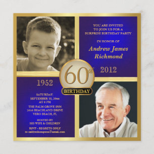 Blue Gold Adult Birthday Invite Then-Now 2-Photos