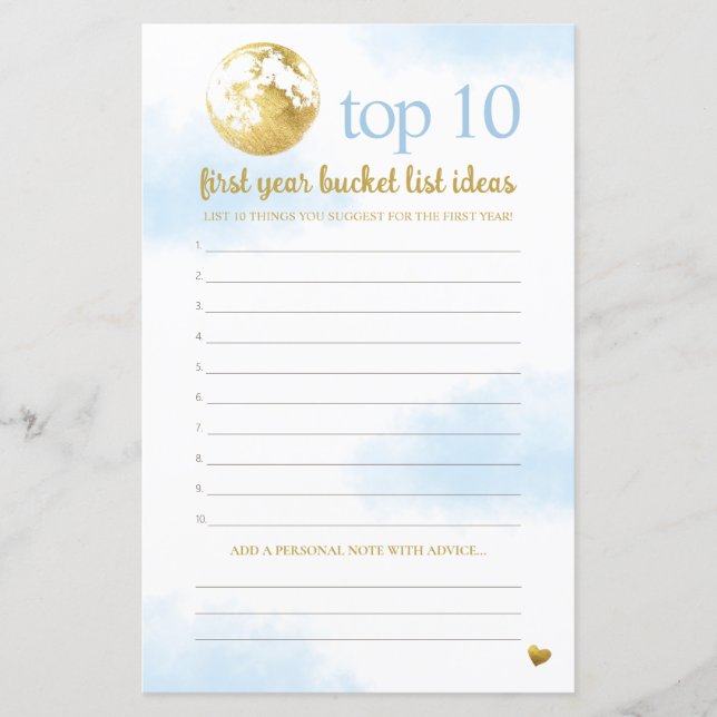 Blue Gold Advice and Bucket List Baby Shower Game (Front)