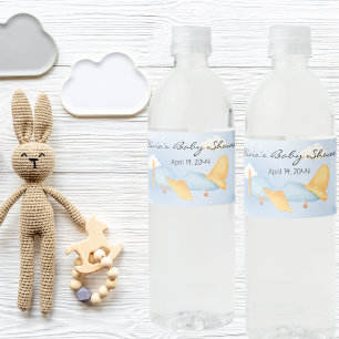Blue Gold Aeroplane Clouds, Cute Boy Baby Shower  Water Bottle Label