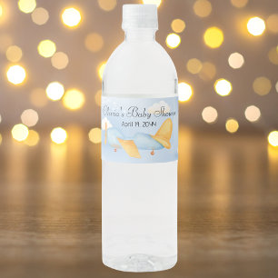Blue Gold Aeroplane Clouds, Cute Boy Baby Shower Water Bottle Label