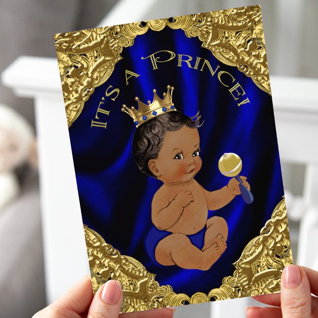 Blue Gold African American Prince Baby Shower Invitation (Creator Uploaded)