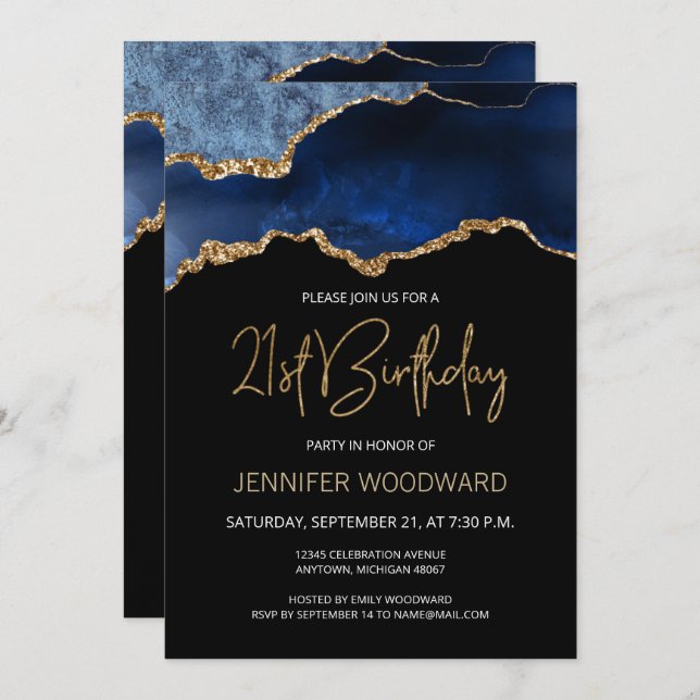Blue Gold Agate 21st Birthday Party Invitation (Front/Back)
