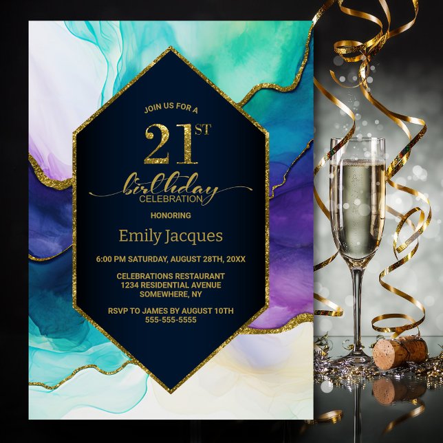 Blue Gold Agate 21st Birthday Party Invitation (Creator Uploaded)