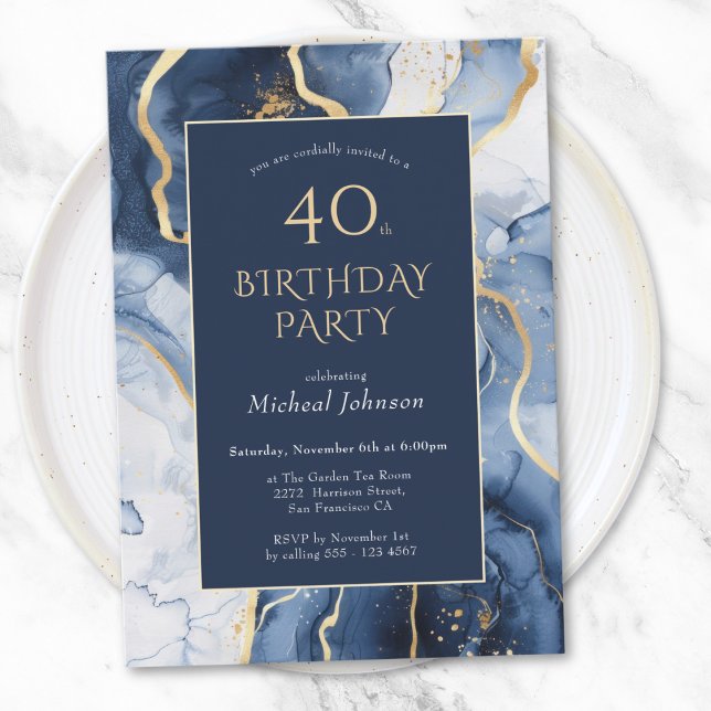 Blue Gold Agate 40th Birthday Invitation (Blue Gold Agate 40th Birthday Invitation)