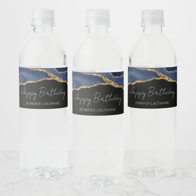Blue Gold Agate Birthday Party Any Year Water Bottle Label (Bottles)
