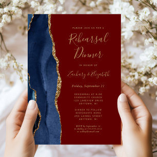 Blue Gold Agate Burgundy Wedding Rehearsal Dinner Invitation