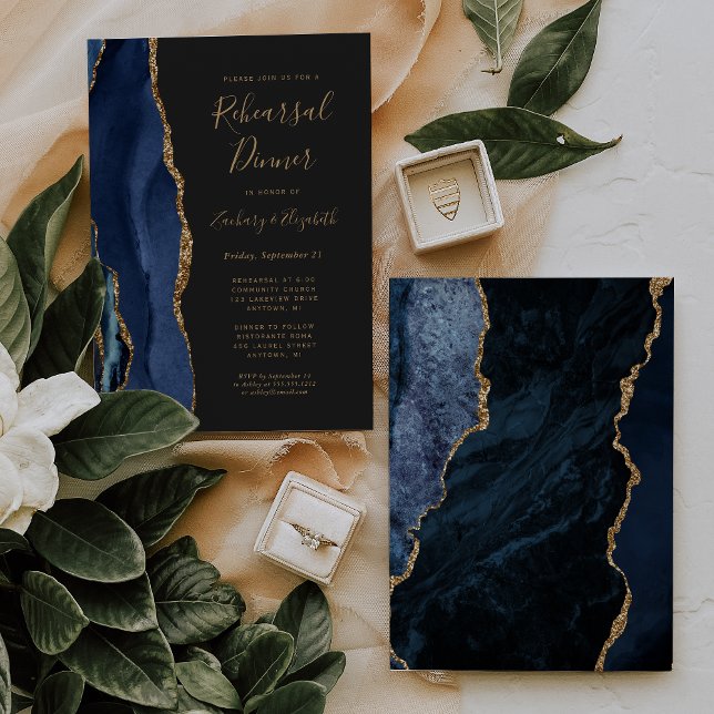Blue Gold Agate Dark Wedding Rehearsal Dinner Invitation (Creator Uploaded)