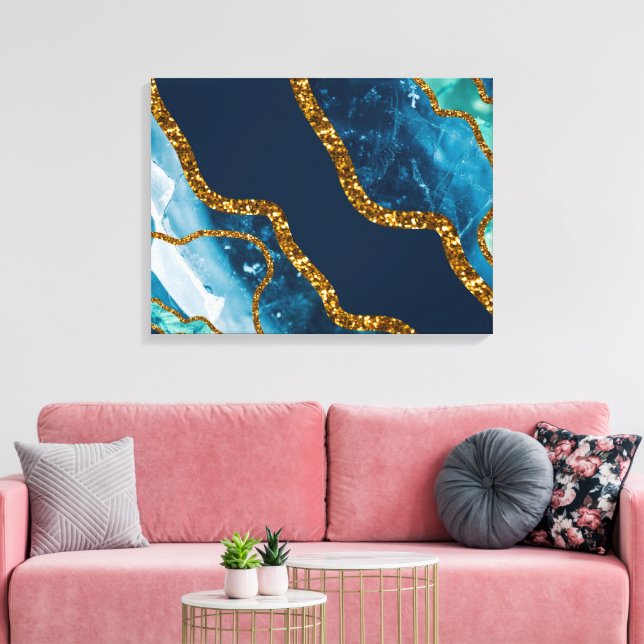 Blue & Gold Agate Geode Glitter Canvas Print (Insitu(LivingRoom))