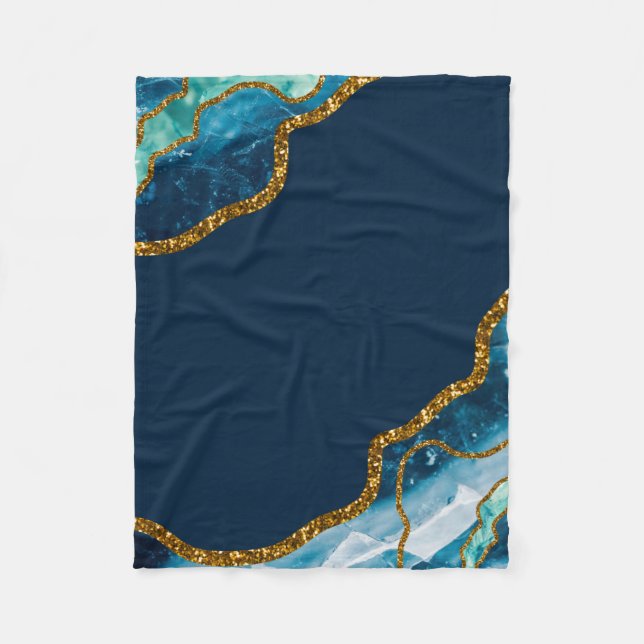 Blue & Gold Agate Geode Glitter  Fleece Blanket (Front)