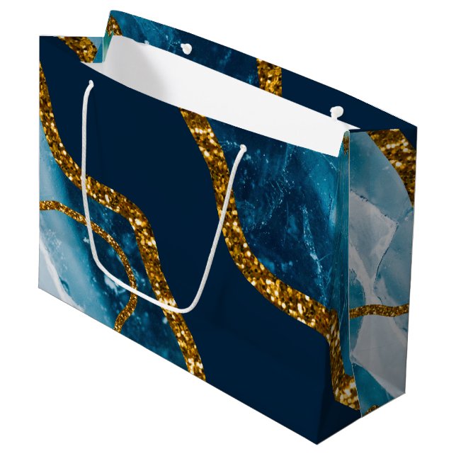 Blue & Gold Agate Geode Glitter Large Gift Bag (Front Angled)