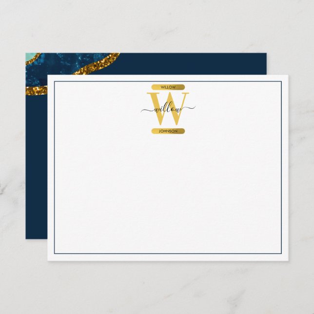 Blue & Gold Agate Geode Glitter Monogram Card (Front/Back)