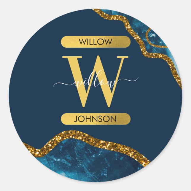 Blue & Gold Agate Geode Glitter Monogram  Classic Round Sticker (Front)