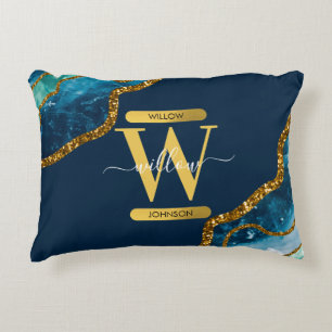 Blue & Gold Agate Geode Glitter Monogram Decorative Cushion
