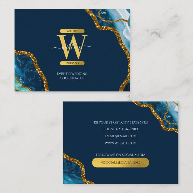 Blue & Gold Agate Geode Glitter Monogram Marble  Business Card (Front/Back)