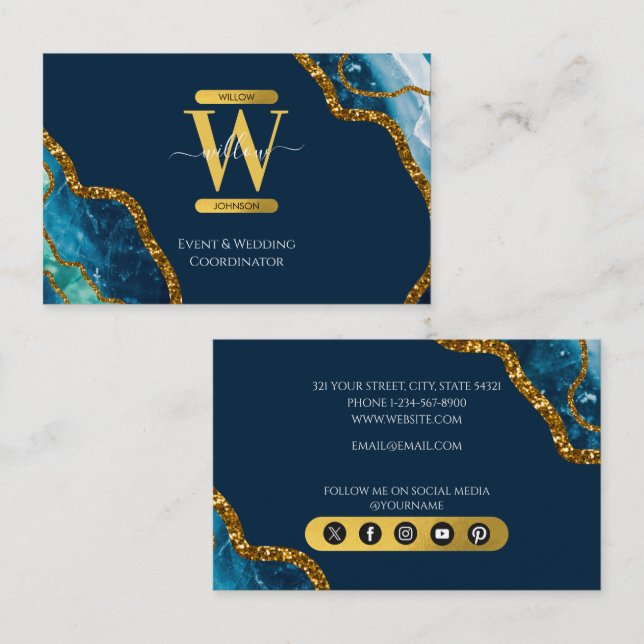 Blue & Gold Agate Geode Glitter Monogram Marble Business Card (Front/Back)
