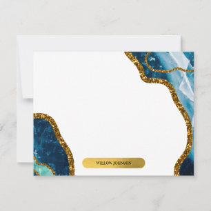 Blue & Gold Agate Geode Glitter Monogram Note Card