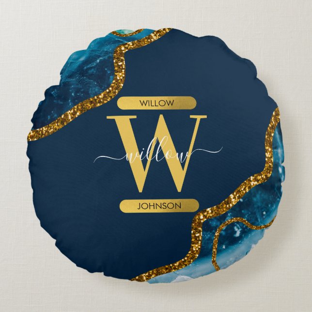 Blue & Gold Agate Geode Glitter Monogram Round Cushion (Front)