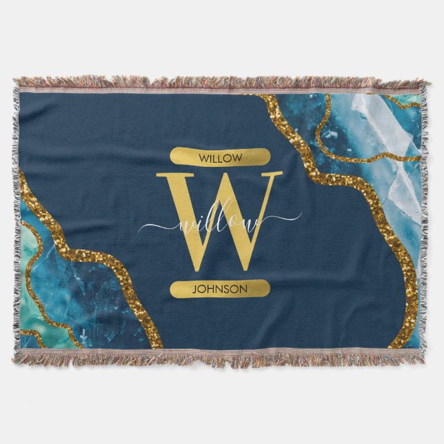 Blue & Gold Agate Geode Glitter Monogram Throw Blanket (Front)