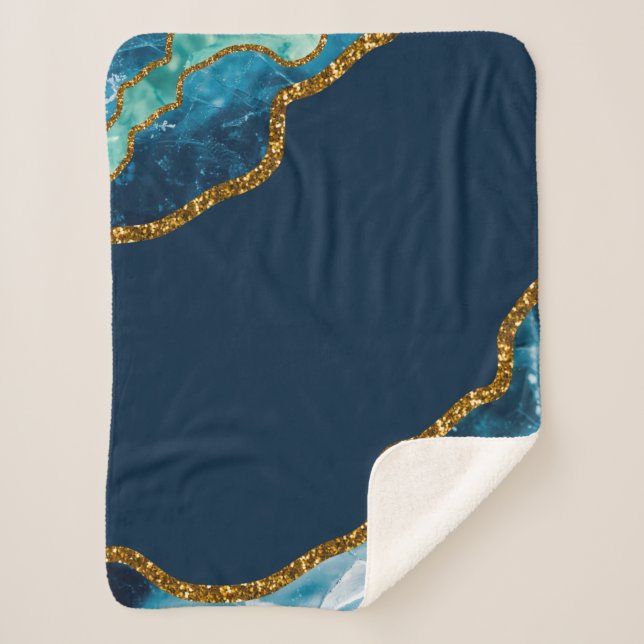 Blue & Gold Agate Geode Glitter Sherpa Blanket (Front)