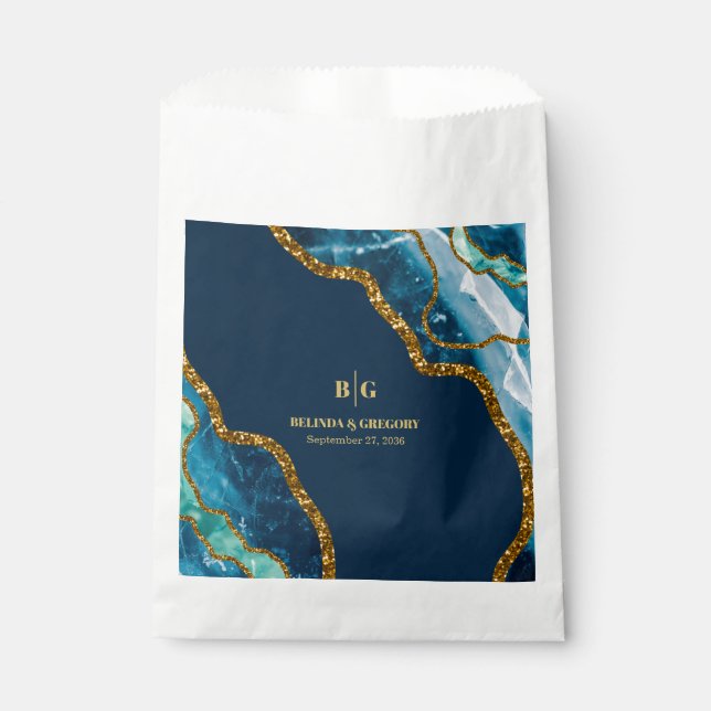 Blue & Gold Agate Geode Glitter Wedding  Favour Bag (Front)