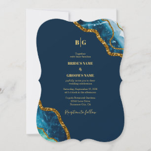 Blue & Gold Agate Geode Glitter Wedding Invitation