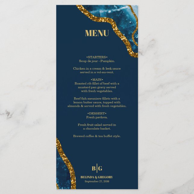 Blue & Gold Agate Geode Glitter Wedding Menu (Front)