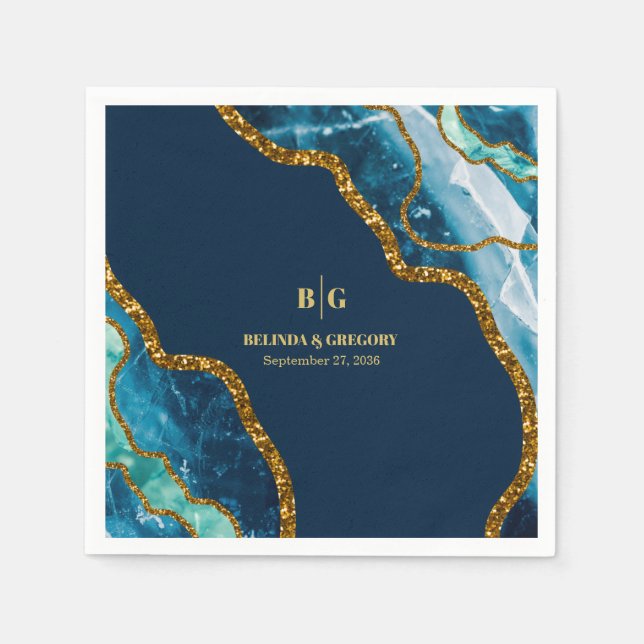 Blue & Gold Agate Geode Glitter Wedding Napkin (Front)
