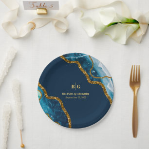 Blue & Gold Agate Geode Glitter Wedding Paper Plate
