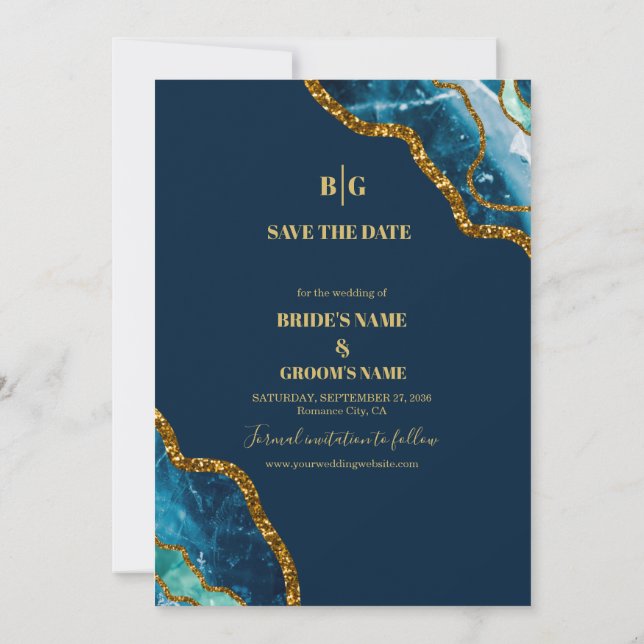 Blue & Gold Agate Geode Glitter Wedding Save The Date (Back)