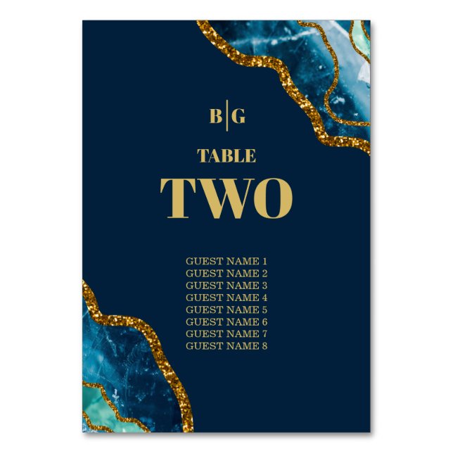 Blue & Gold Agate Geode Glitter Wedding  Table Number (Front)