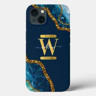 Blue & Gold Agate Geode Monogram   iPhone 13 Case