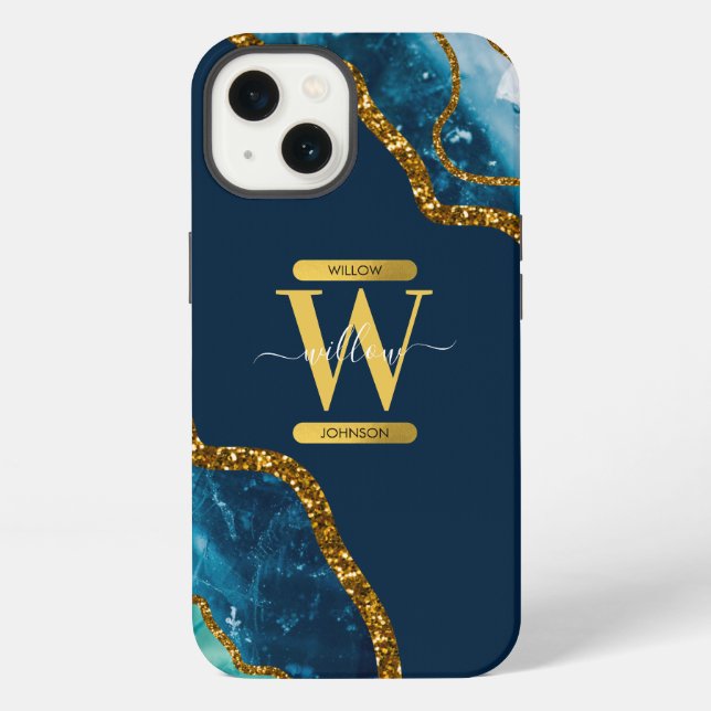 Blue & Gold Agate Geode Monogram   iPhone Case (Back)