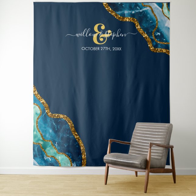 Blue Gold Agate Geode Wedding Backdrop Banner  Tapestry (In Situ)