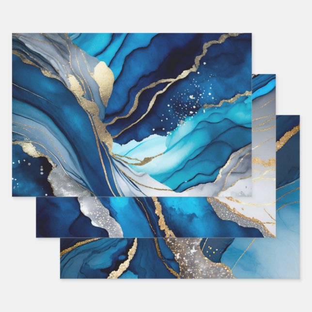 Blue Gold Agate Marble Glitter Abstract Design Wrapping Paper Sheet (Set)