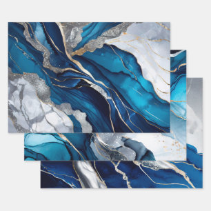 Blue Gold Agate Marble Glitter Abstract Design Wrapping Paper Sheet