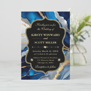 Blue Gold Agate Marble Glitter Wedding Invitation