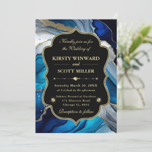 Blue Gold Agate Marble Glitter Wedding Invitation