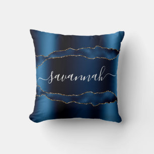 Blue gold agate marble name script cushion
