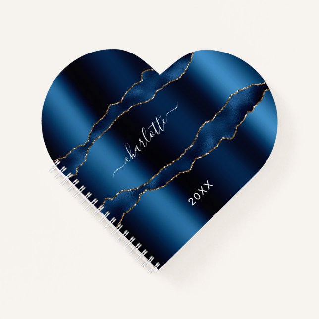 Blue gold agate marble name script girl notebook (Front)