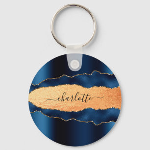 Blue gold agate marble name script key ring