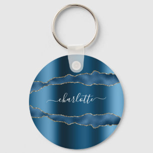 Blue gold agate marble name script key ring