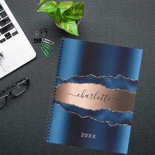 Blue gold agate marble name script notebook