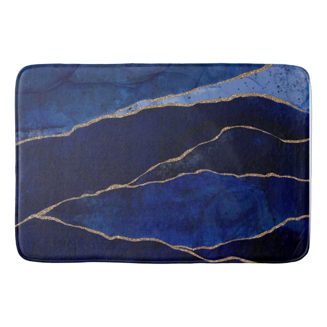 Blue & Gold Agate Modern Glam Minimal Chic Bath Ma Mat (Front)