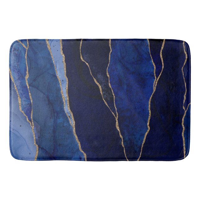 Blue & Gold Agate Modern Glam Minimal Chic Bath Mat (Front)