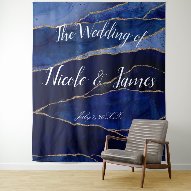 Blue & Gold Agate Modern Glam Minimal Wedding  Tap Tapestry (In Situ)