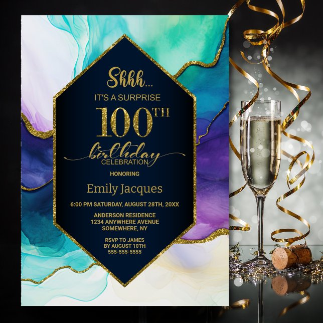 Blue Gold Agate Surprise 100th Birthday Party Invitation (Creator Uploaded)