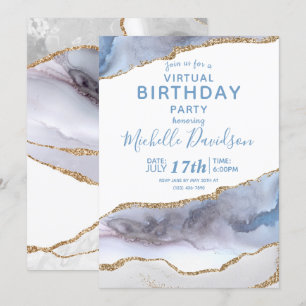 Blue & Gold Agate Virtual Birthday  Invitation