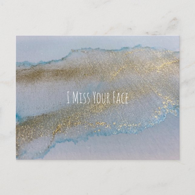 Blue Gold Alcohol Ink Abstract I Miss Your Face Postcard (Front)